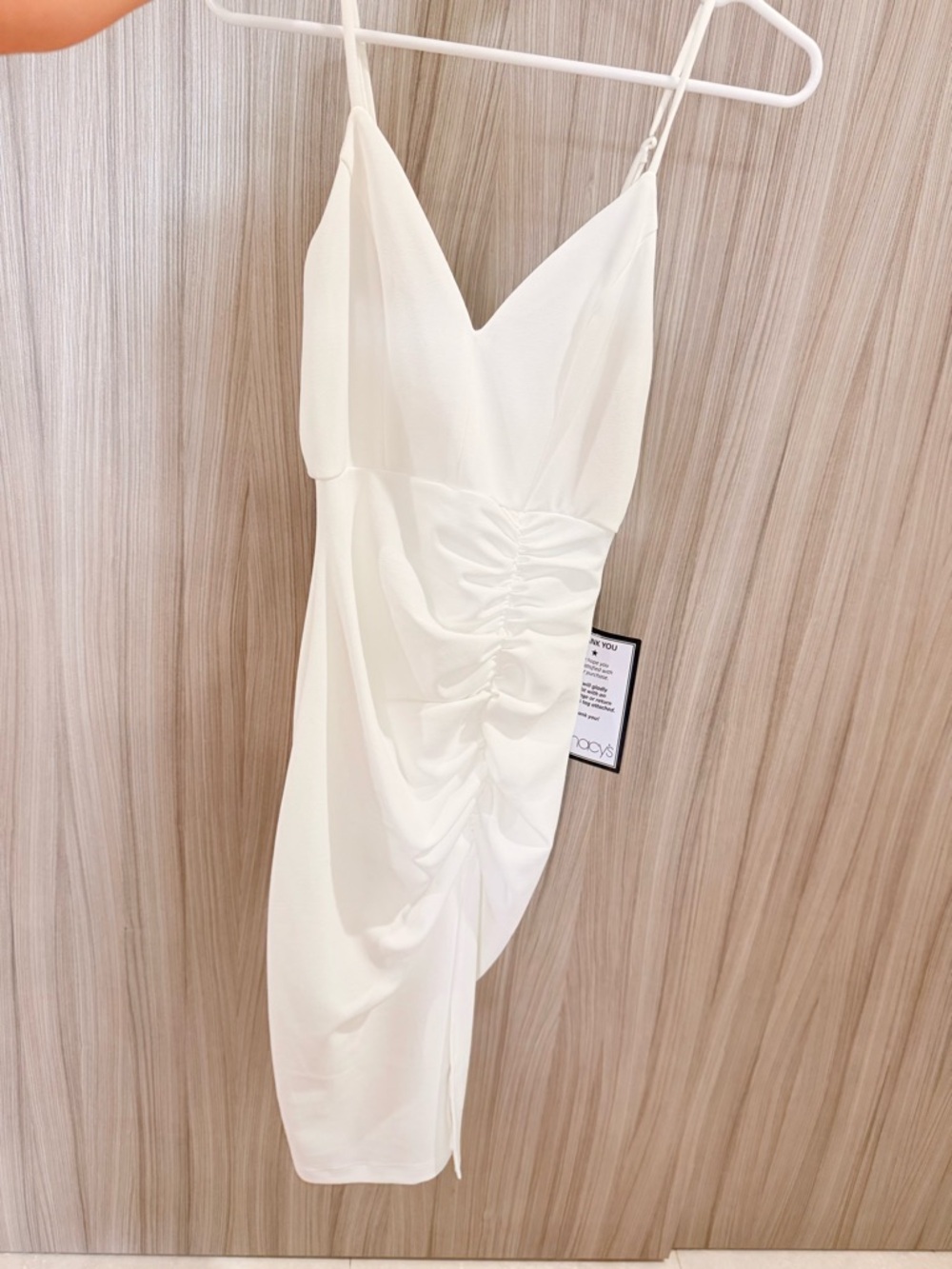 Macy's White Ruched V-Neck Spaghetti Strap Dress Size Small